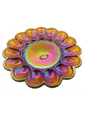 Vintage Indiana Glass Deviled Egg Tray Carnival Glass Iridescent Hobnail